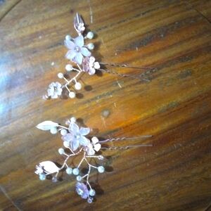 Vintage set of Hand Flowered Goldstone Hairpins